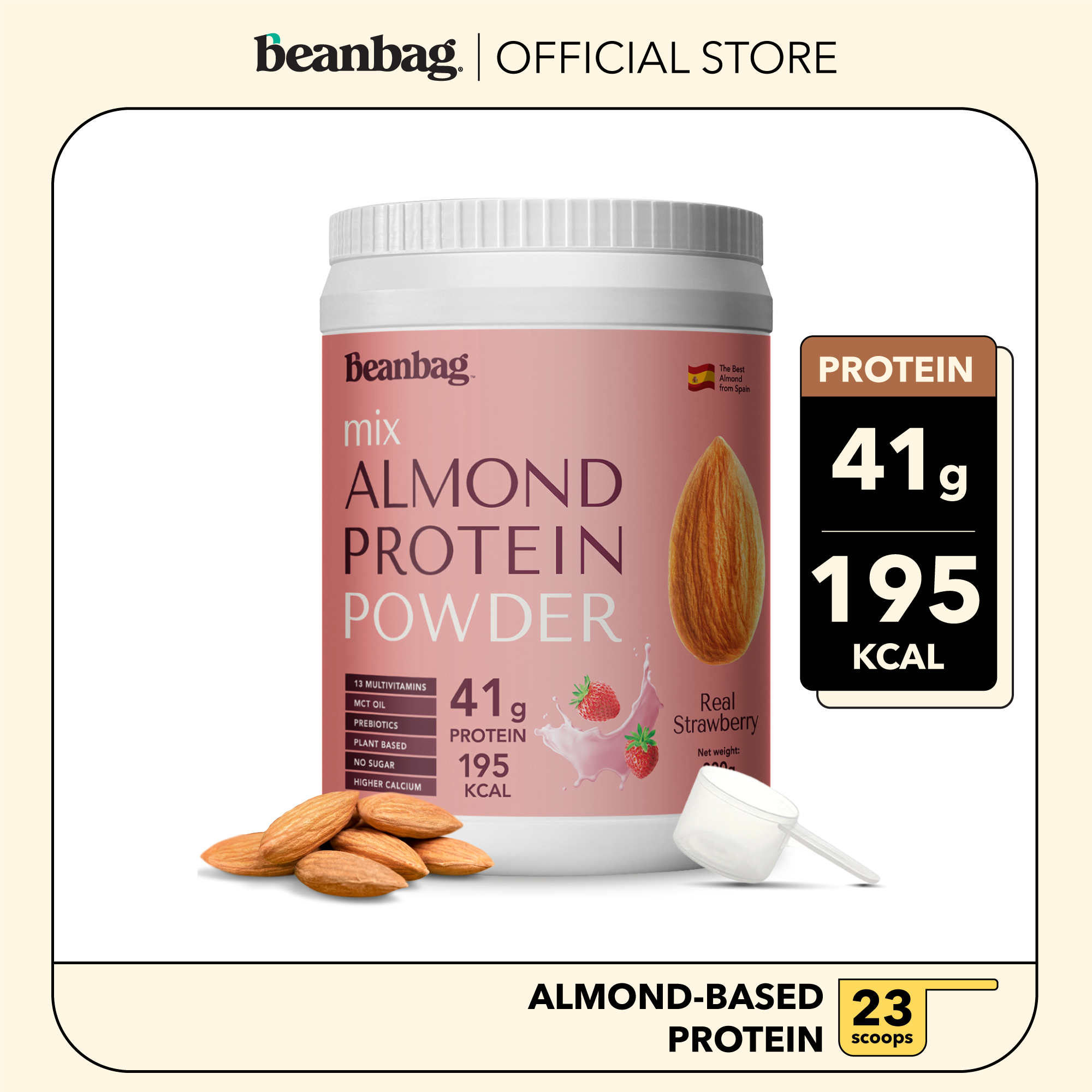 Beanbag Almond Protein รส Real Strawberry 800g เครื่องดื่มโปรตีนจากพืชผสมอัลมอนด์ ชนิดผง รสสตรอว์เบอร์รี